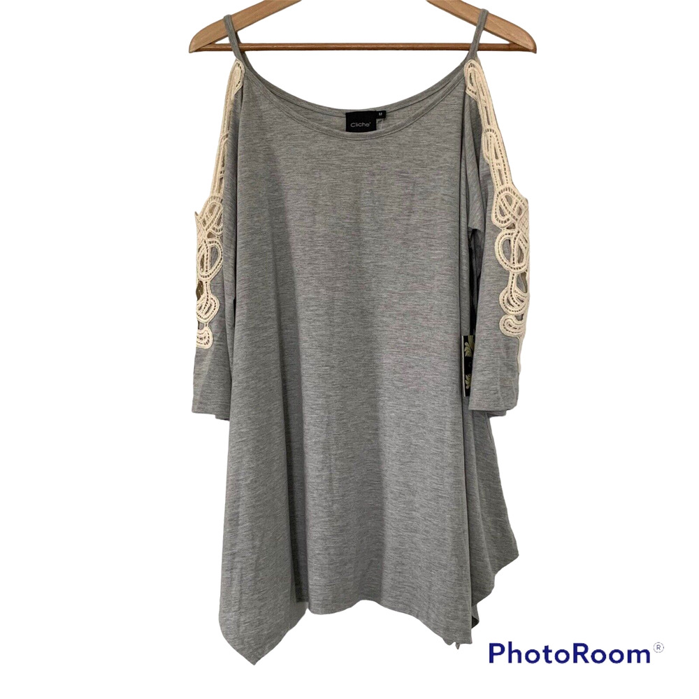 Cliche' Womens Gray Cold Shoulder 3/4 Sleeve Jersey with Ivory Lace Size M NEW